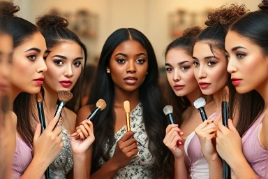 Women applying makeup with different brushes, showcasing application techniques.